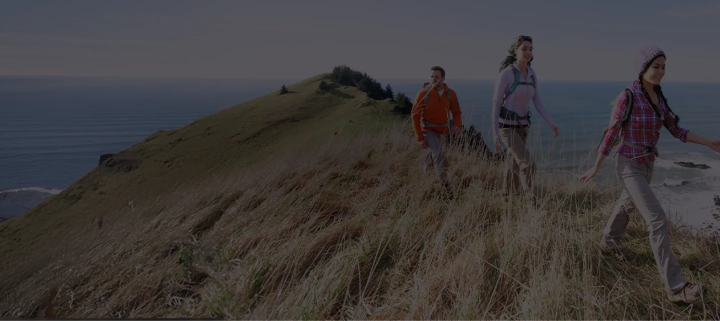 A group of people hiking near the ocean