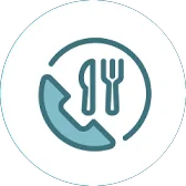 Icon of a telephone handset over a place setting.