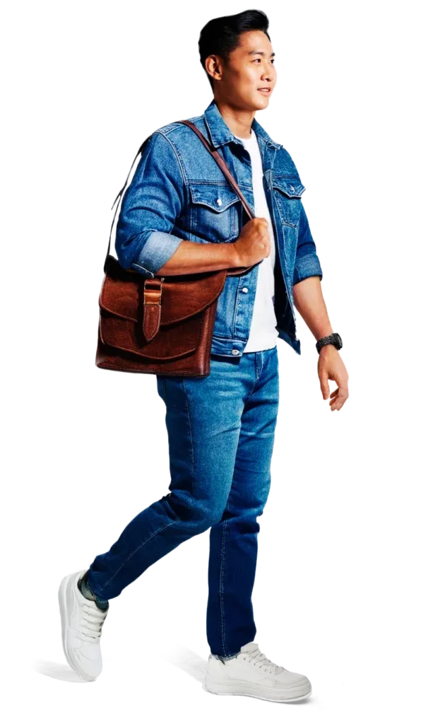 A man walking away to the side while carrying a shoulder tote bag wearing jeans and a jean jacket.